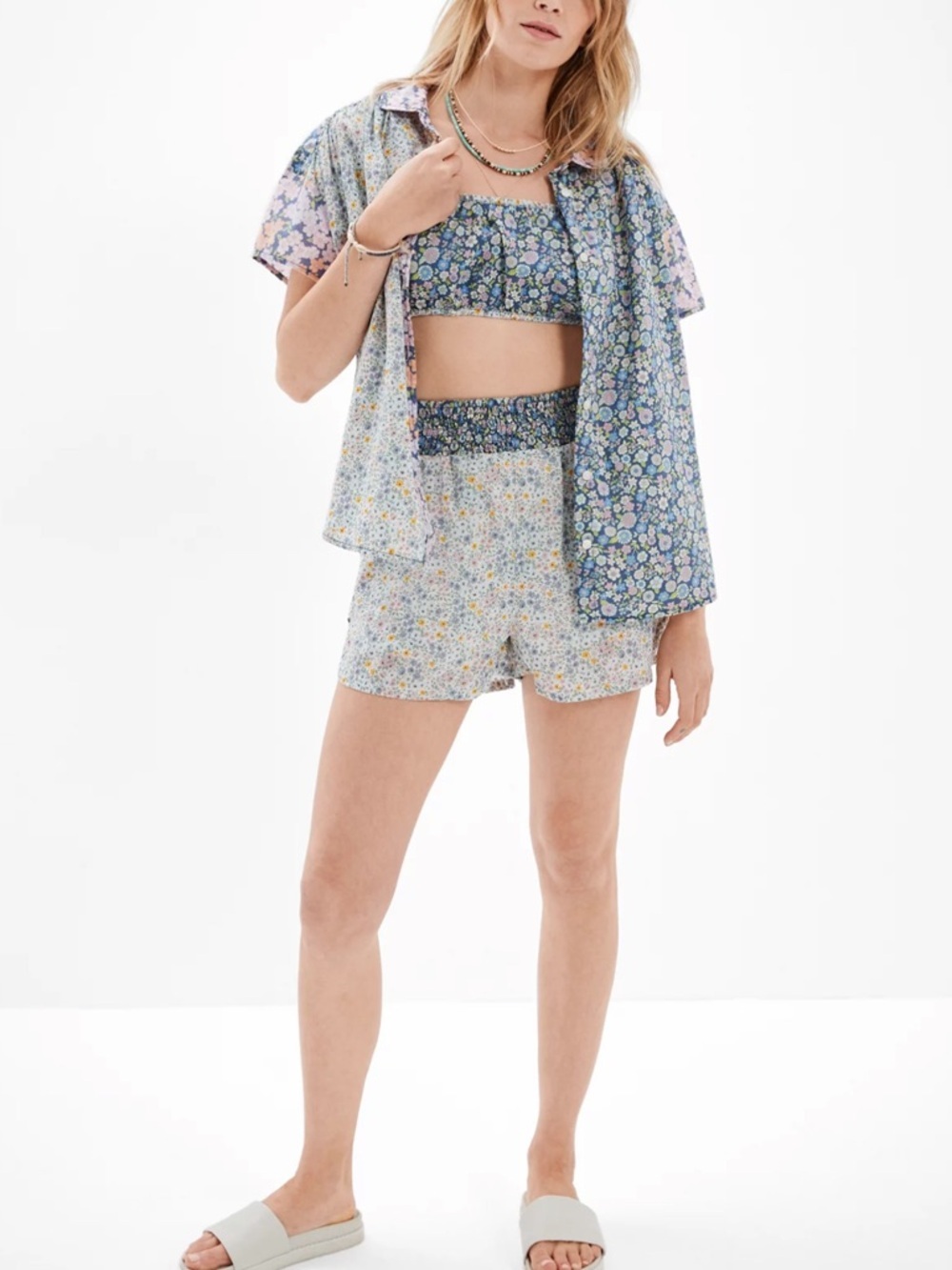American Eagle Outfitters Oversized Mixed Print Floral Resort Short Set